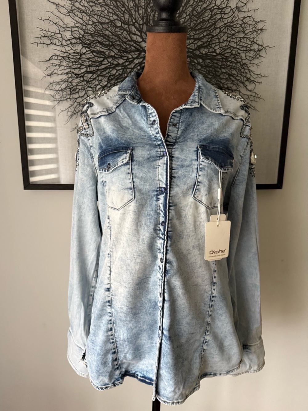 Dishe women Handmade Luxury Light Wash Denim Button-Up Shirt with Stud Detail